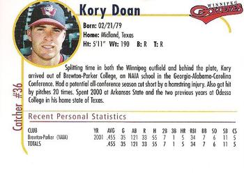 2001 Winnipeg Goldeyes #NNO Kory Doan Back