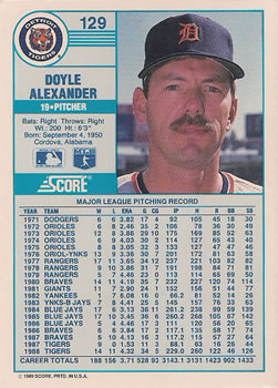 1989 Score #129 Doyle Alexander Back