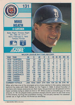 1989 Score #131 Mike Heath Back