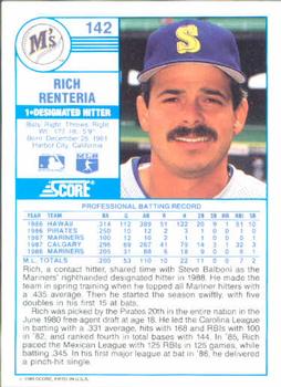 1989 Score #142 Rich Renteria Back