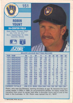 1989 Score #151 Robin Yount Back