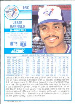 1989 Score #160 Jesse Barfield Back