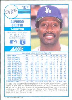 1989 Score #167 Alfredo Griffin Back