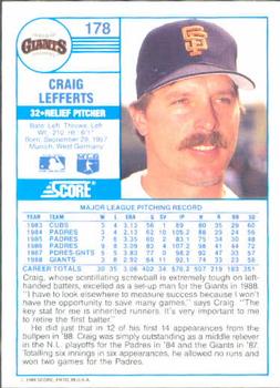 1989 Score #178 Craig Lefferts Back