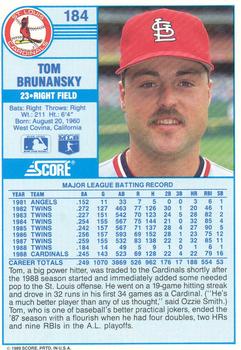 1989 Score #184 Tom Brunansky Back