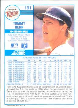 1989 Score #191 Tommy Herr Back