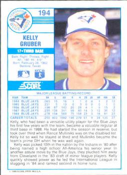 1989 Score #194 Kelly Gruber Back