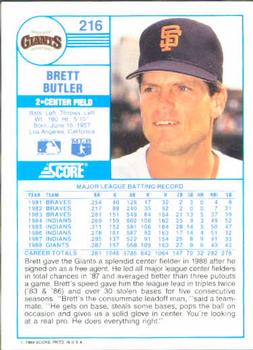 1989 Score #216 Brett Butler Back