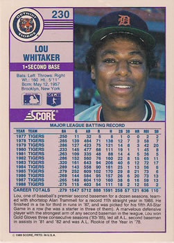 1989 Score #230 Lou Whitaker Back