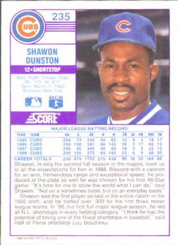 1989 Score #235 Shawon Dunston Back