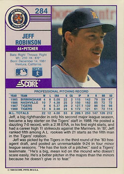 1989 Score #284 Jeff Robinson Back