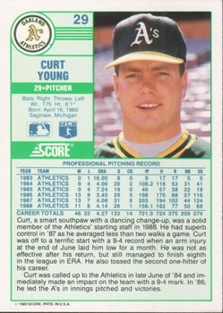 1989 Score #29 Curt Young Back