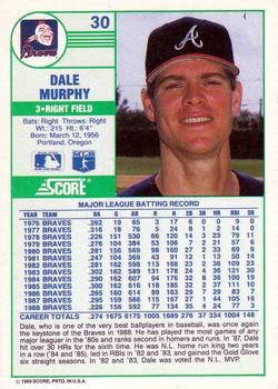 1989 Score #30 Dale Murphy Back