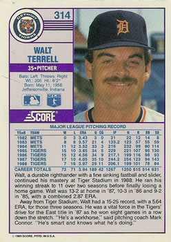 1989 Score #314 Walt Terrell Back