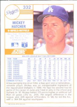 1989 Score #332 Mickey Hatcher Back