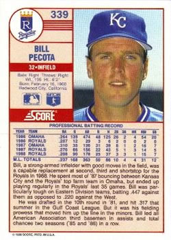 1989 Score #339 Bill Pecota Back