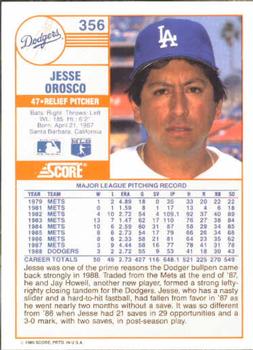 1989 Score #356 Jesse Orosco Back