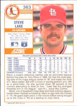 1989 Score #363 Steve Lake Back