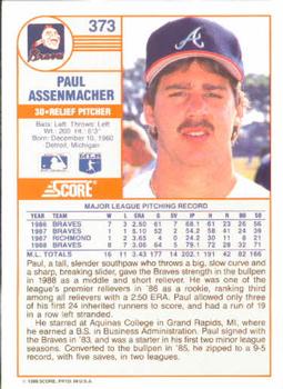 1989 Score #373 Paul Assenmacher Back