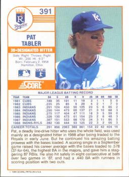 1989 Score #391 Pat Tabler Back