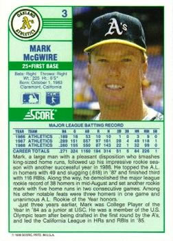 1989 Score #3 Mark McGwire Back