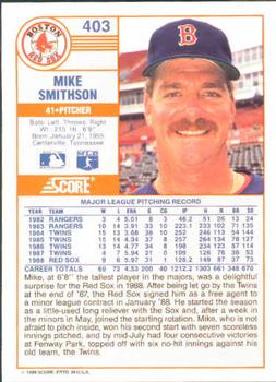 1989 Score #403 Mike Smithson Back