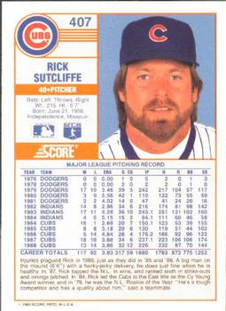 1989 Score #407 Rick Sutcliffe Back