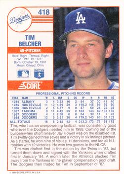 1989 Score #418 Tim Belcher Back