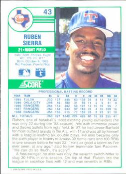 1989 Score #43 Ruben Sierra Back