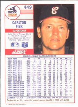 1989 Score #449 Carlton Fisk Back