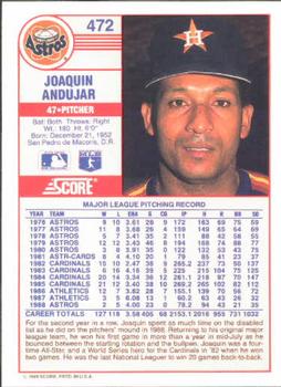 1989 Score #472 Joaquin Andujar Back