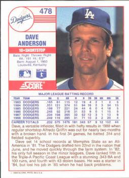 1989 Score #478 Dave Anderson Back