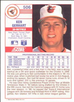 1989 Score #506 Ken Gerhart Back