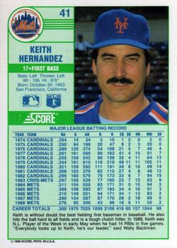 1989 Score #41 Keith Hernandez Back
