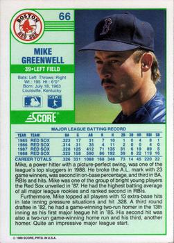 1989 Score #66 Mike Greenwell Back