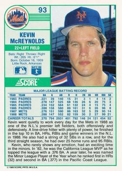 1989 Score #93 Kevin McReynolds Back