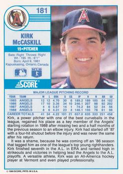 1989 Score #181 Kirk McCaskill Back