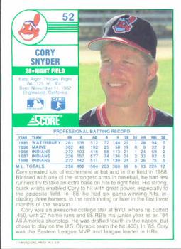 1989 Score #52 Cory Snyder Back