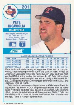 1989 Score #201 Pete Incaviglia Back