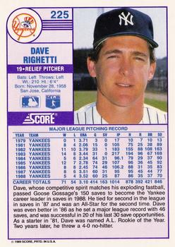 1989 Score #225 Dave Righetti Back