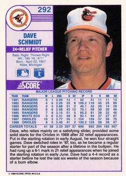 1989 Score #292 Dave Schmidt Back