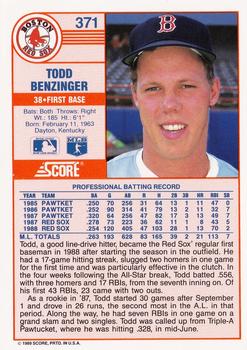 1989 Score #371 Todd Benzinger Back