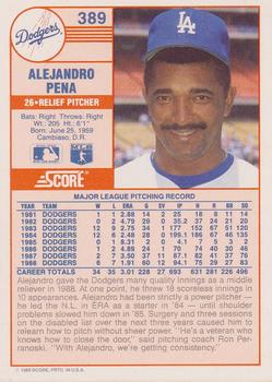 1989 Score #389 Alejandro Pena Back