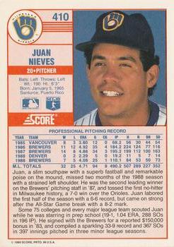 1989 Score #410 Juan Nieves Back
