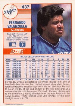 1989 Score #437 Fernando Valenzuela Back