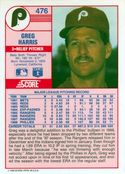 1989 Score #476 Greg Harris Back