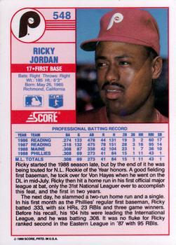 1989 Score #548 Ricky Jordan Back