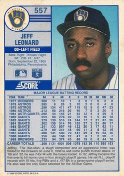 1989 Score #557 Jeff Leonard Back