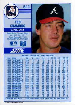 1989 Score #611 Ted Simmons Back