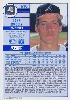 1989 Score #616 John Smoltz Back